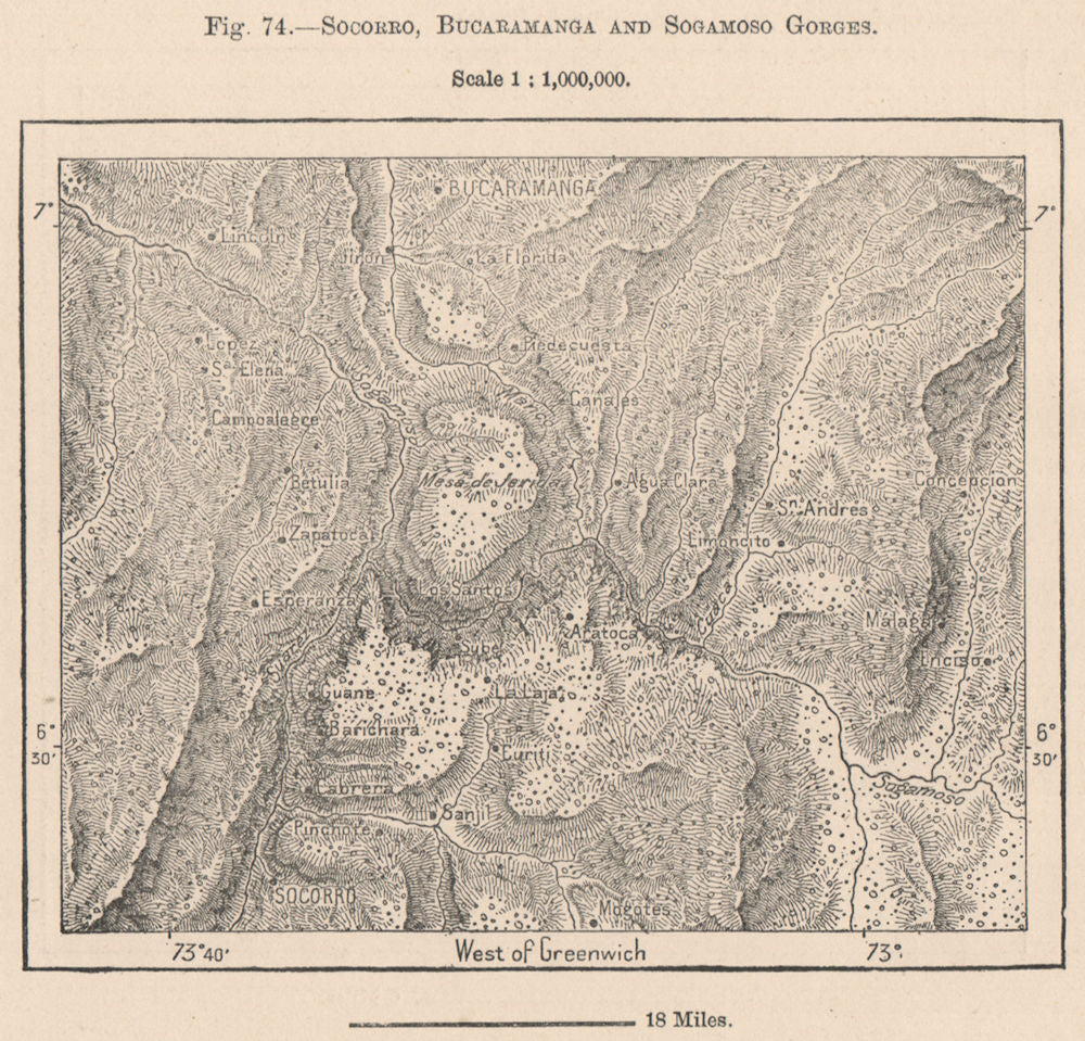 Mesa de los Santos. Chicamocha. Socorro Bucaramanga Sogamoso Gorges 1885 map